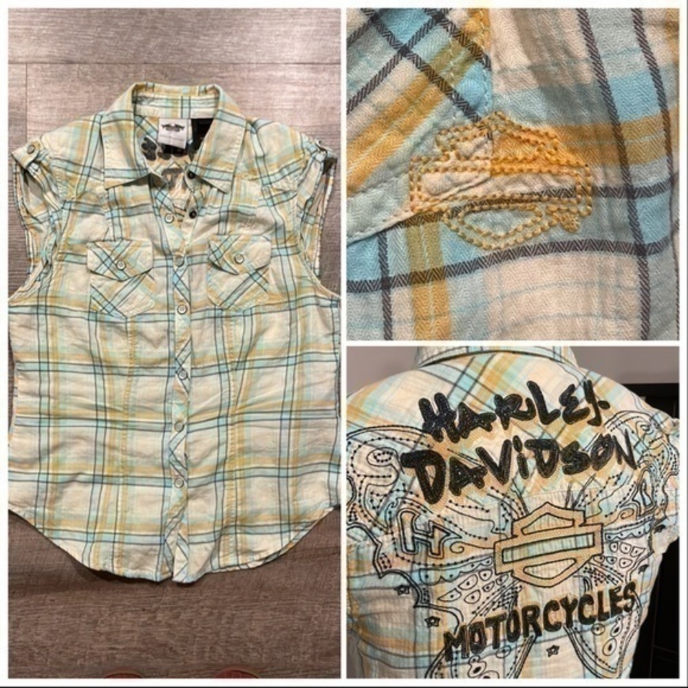Harley Davidson capped sleeve white/blue/orange plaid embroidered logo top XS - Picture 2 of 13